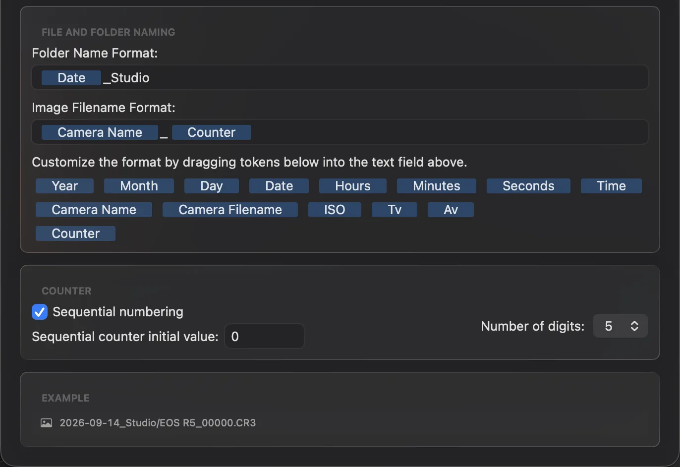DSLR Assistant's file naming token editor, with drag-and-drop tokens and a live example path